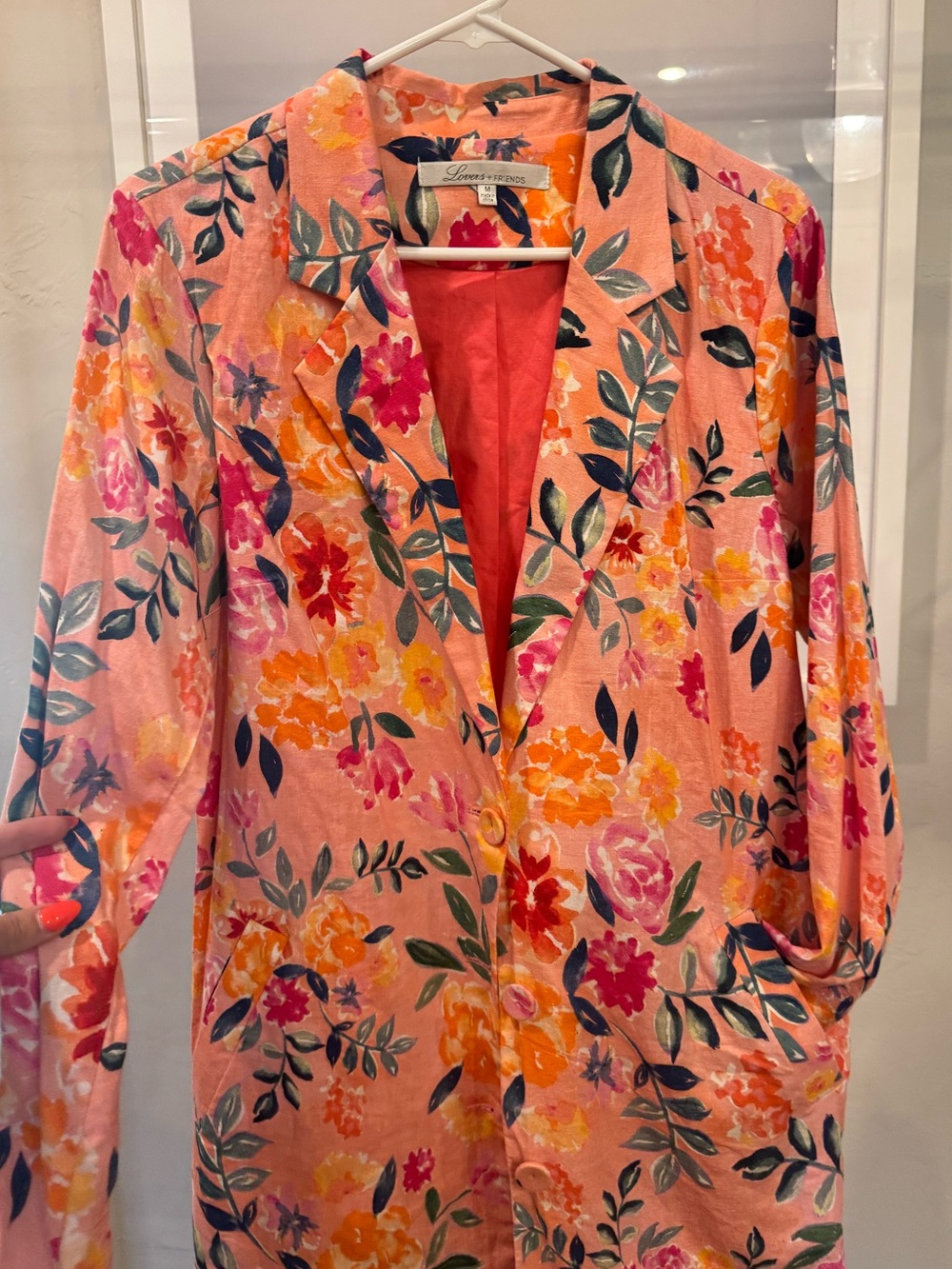 Lovers + Friends Peach Floral Print Dress with Navy and Coral Accents